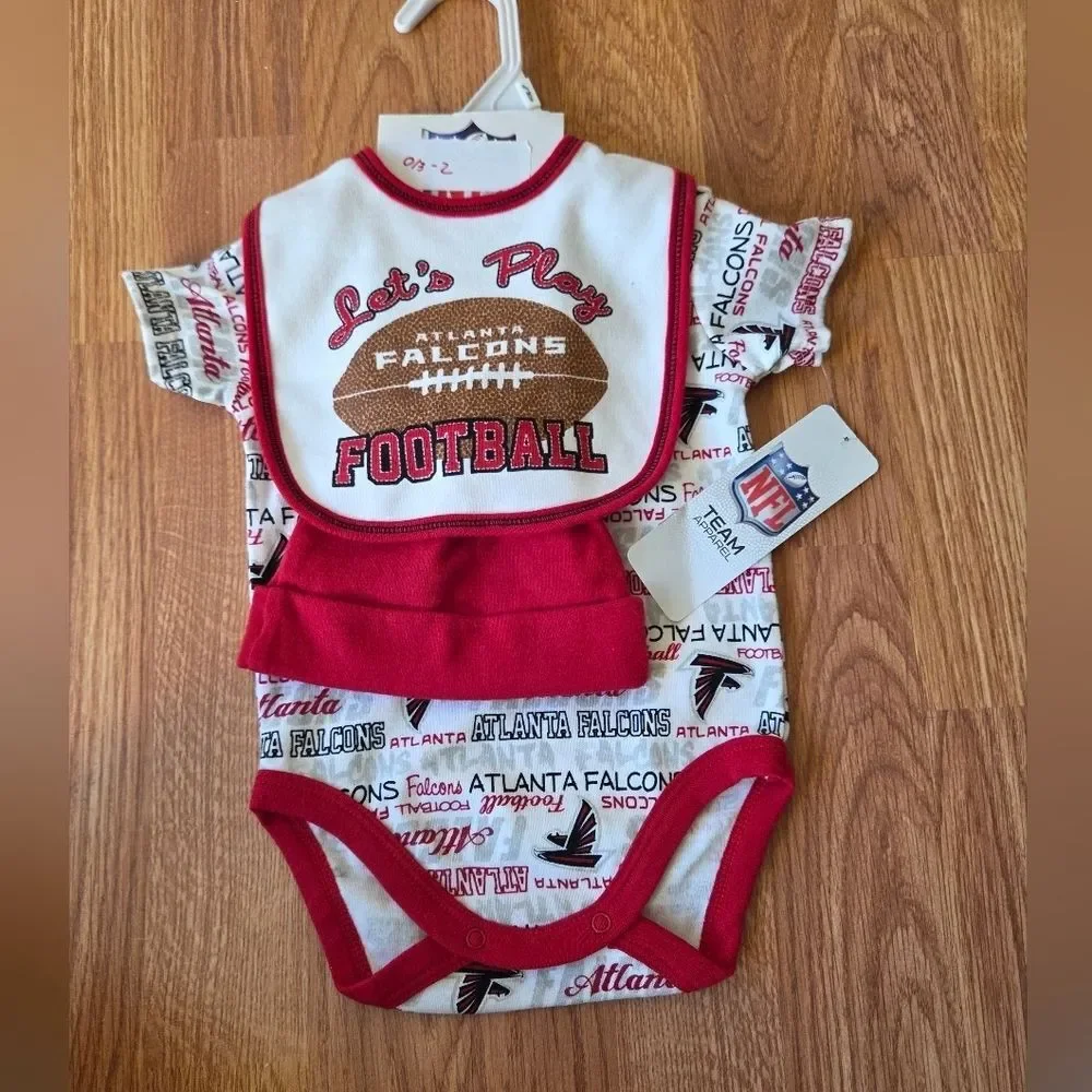 NFL Atlanta Falcons Baby 0-3 Months 3pc Bodysuit, Bib, Beanie NWT Football Fan